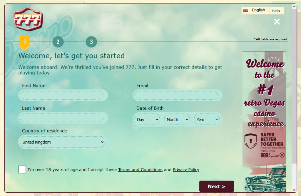 777 Casino sign up step one